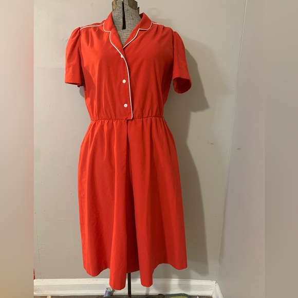 Vintage Dresses & Skirts - Vintage 50s Scarlet Midi Dress with Ivory Trim